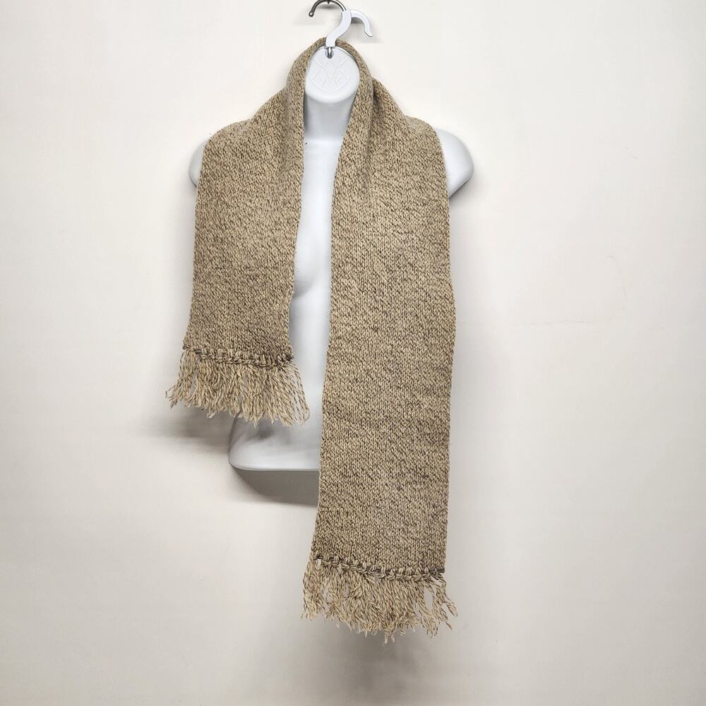 Beige Wool Scarf Hand Woven Rectangular with Frin… - image 3